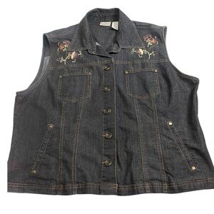 Erika Vintage Floral Embroidered Denim Jean Sleeveless Button Western Top  XL